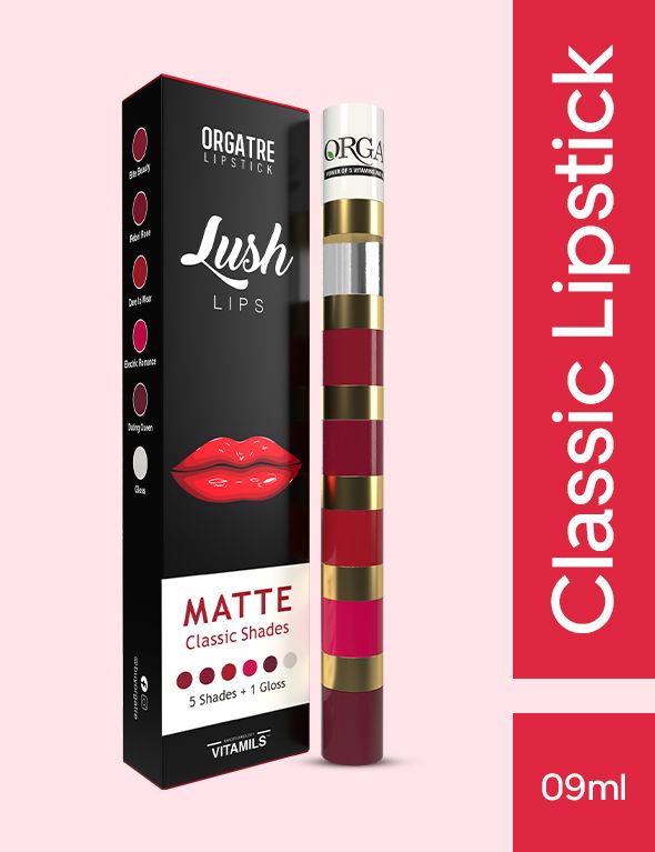 Orgatre Lush Lips 5 in 1 Multicolor Classic Matte Liquid Lipstick With Gloss (9ml)