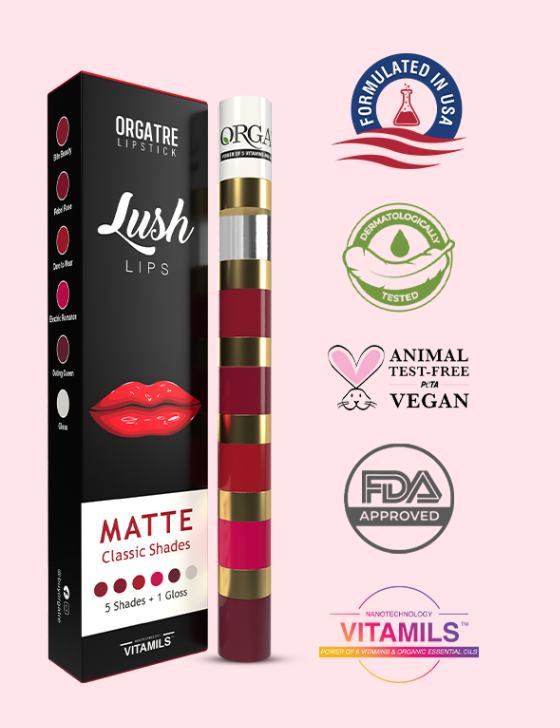 Orgatre Lush Lips 5 in 1 Multicolor Classic Matte Liquid Lipstick With Gloss (9ml)