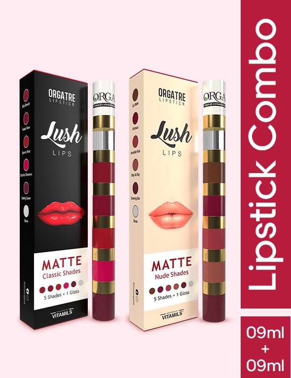 Orgatre Lush Lips Combo 5 in 1 Multicolor Liquid Lipstick With Gloss (Nude + Classic)