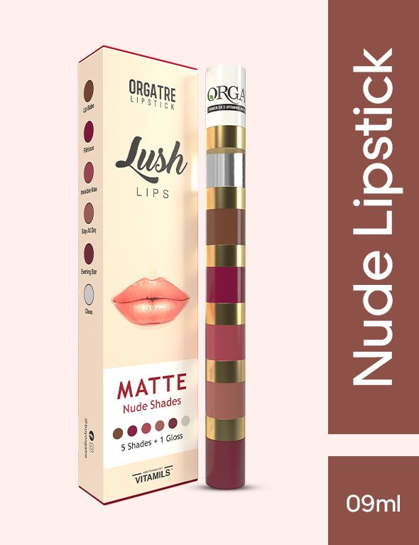 Orgatre Lush Lips 5 in 1 Multicolor Nude Matte Liquid Lipstick With Gloss (9ml)