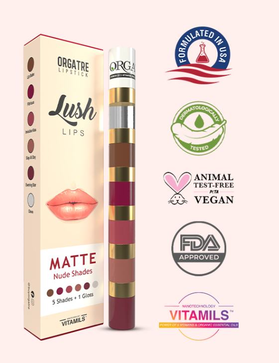 Orgatre Lush Lips 5 in 1 Multicolor Nude Matte Liquid Lipstick With Gloss (9ml)